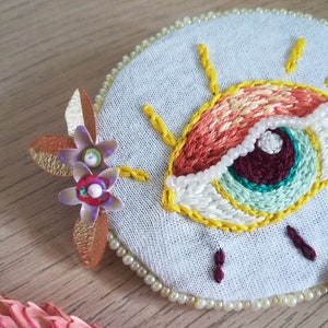 Yellow and orange eye, hand embroidery brooch with sequins and beads. image 8