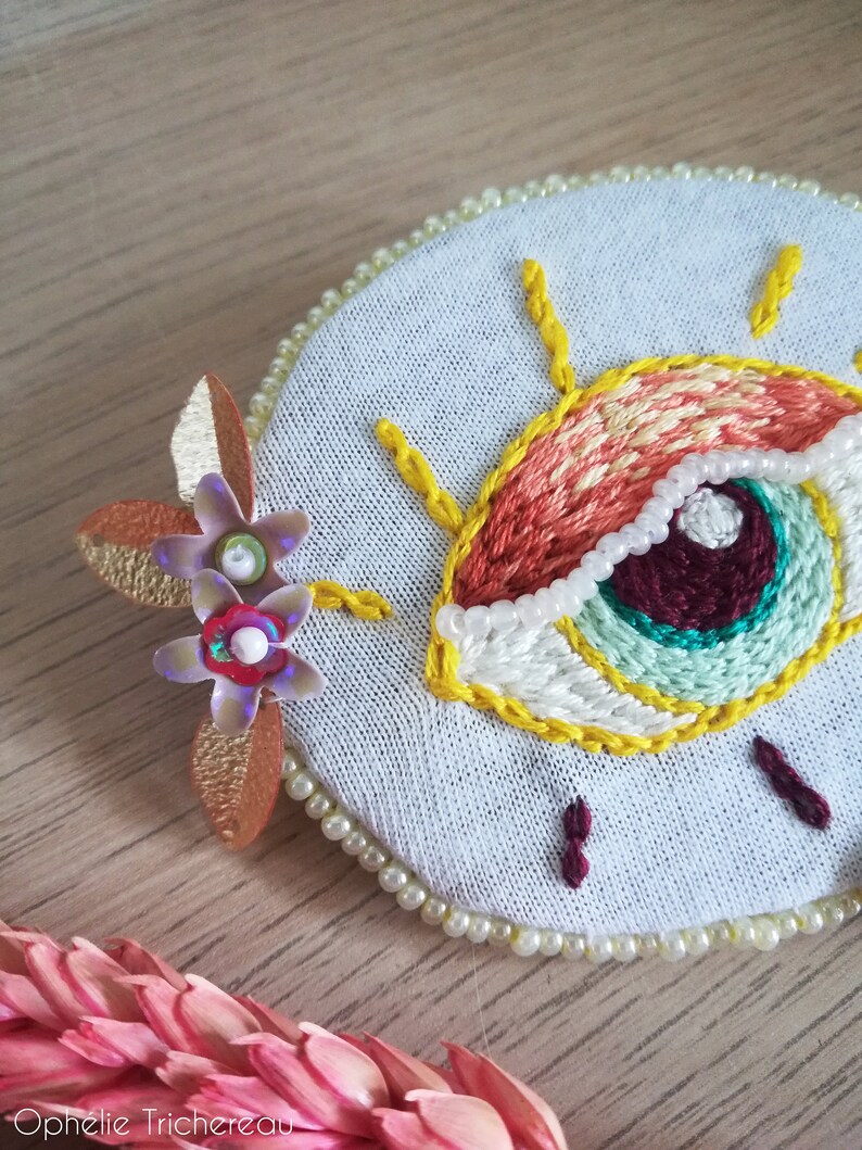 Yellow and orange eye, hand embroidery brooch with sequins and beads. image 8