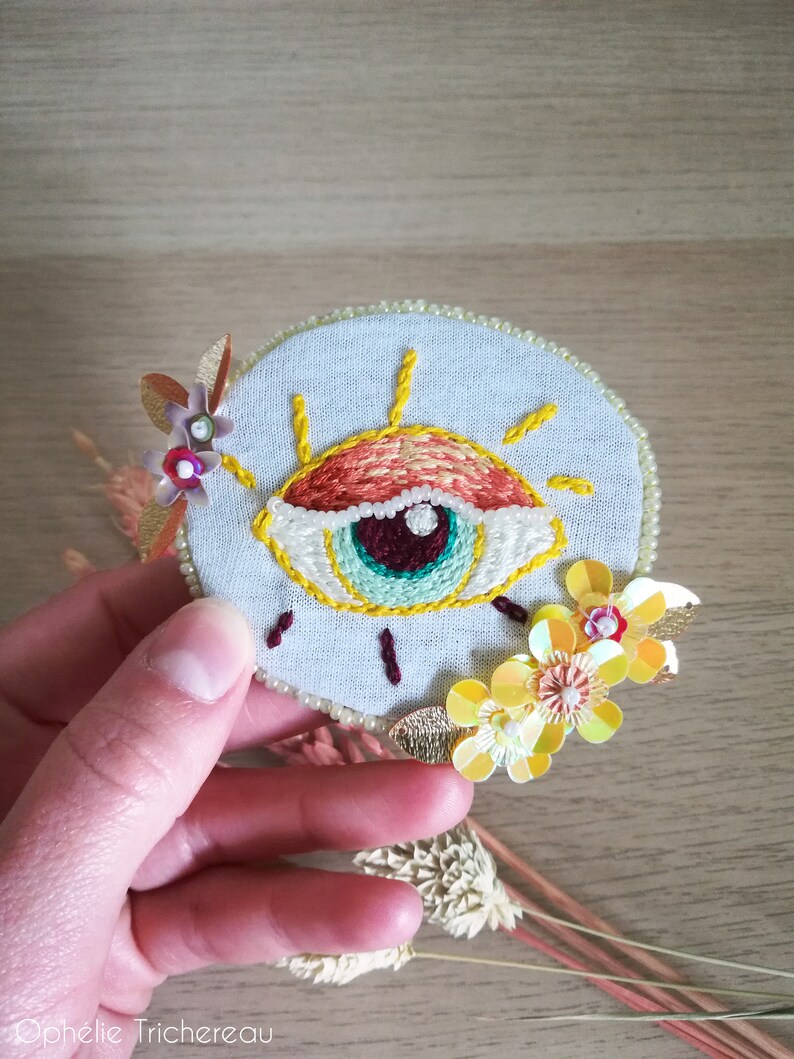 Yellow and orange eye, hand embroidery brooch with sequins and beads. image 9