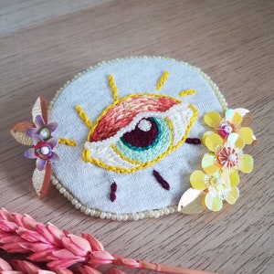 Yellow and orange eye, hand embroidery brooch with sequins and beads. image 10