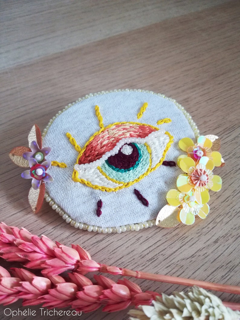 Yellow and orange eye, hand embroidery brooch with sequins and beads. image 10