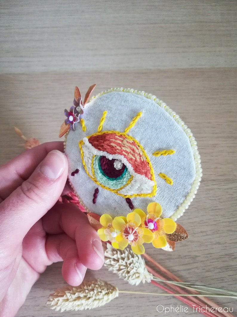 Yellow and orange eye, hand embroidery brooch with sequins and beads. image 3