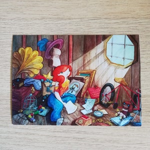 El desván, postal, papel reciclado, ilustración original.