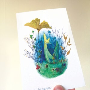 Green fox, post card, gold foil