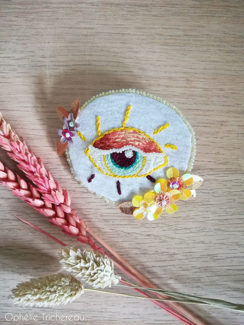 Yellow and orange eye, hand embroidery brooch with sequins and beads. image 1