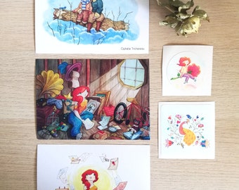 Set of 3 postcards and 2 stickers, original illustrations from my book "Rose-en-ciel"
