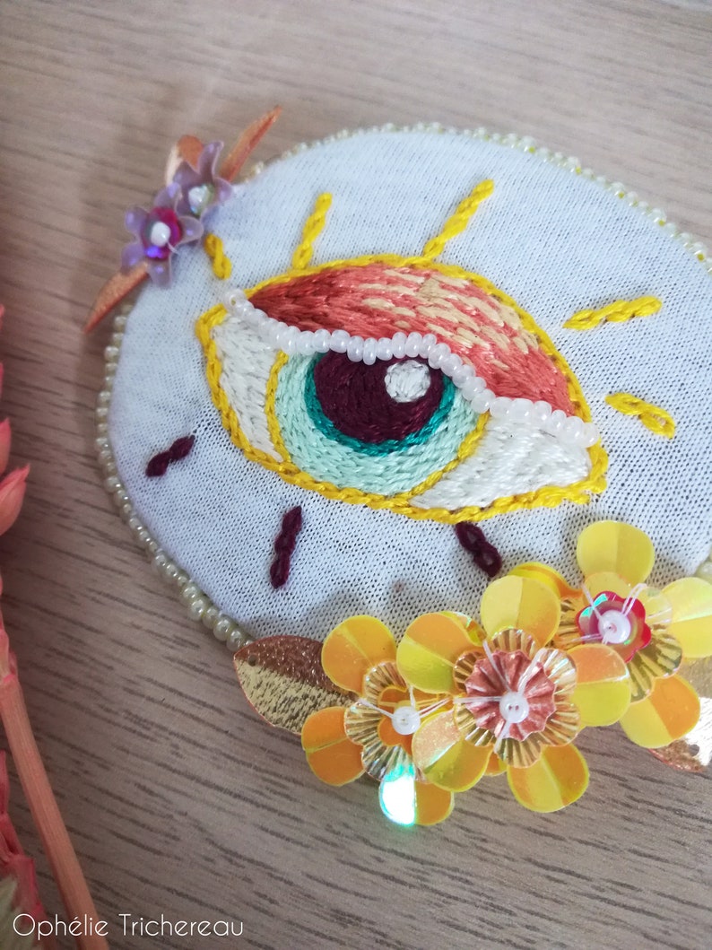 Yellow and orange eye, hand embroidery brooch with sequins and beads. image 5