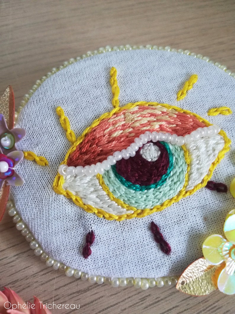 Yellow and orange eye, hand embroidery brooch with sequins and beads. image 7