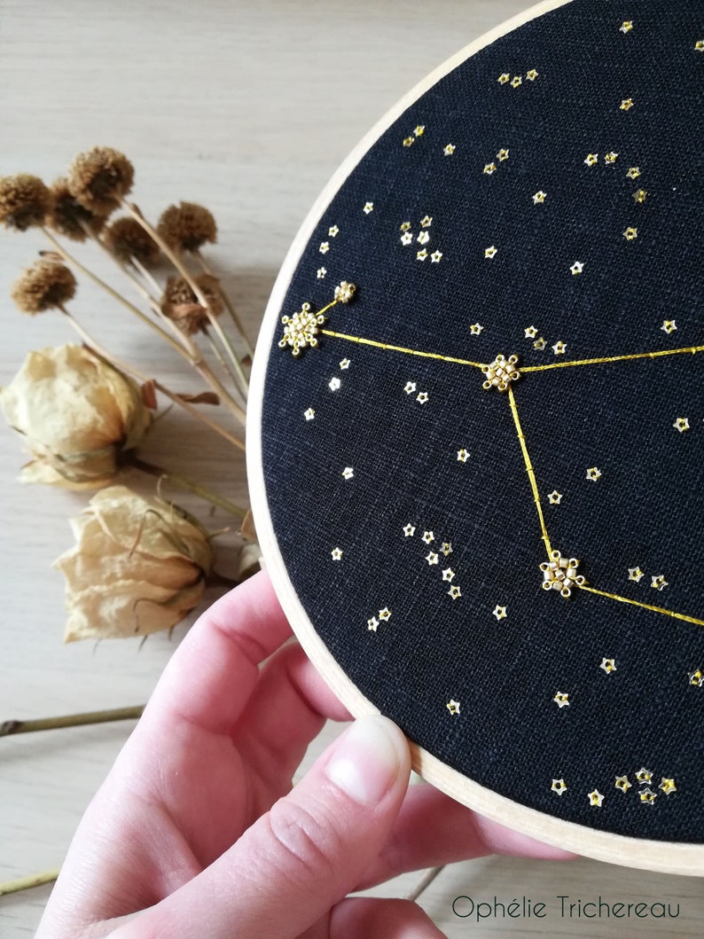 May include: A black embroidery hoop featuring a gold constellation design. The constellation is outlined in gold thread and the stars are made of gold beads. The hoop is held in a hand.