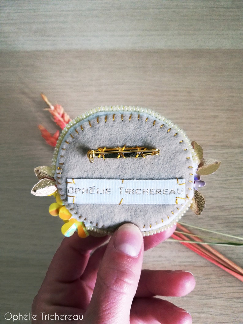 Yellow and orange eye, hand embroidery brooch with sequins and beads. image 6