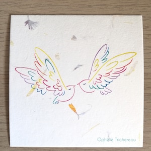 Due uccelli, cartolina postale, carta riciclata, illustrazione originale.