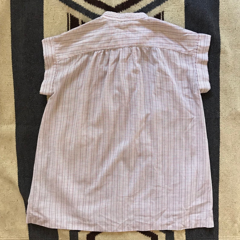 Vintage 50s PLAID SHIRT Women L XL Large Sleeveless Blouse White Blue Red Top Pin Up Rockabilly 1950s Semi Sheer Woven Fabric Button Front