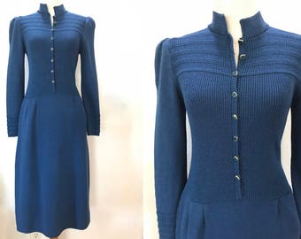 ST JOHN Sweater Dress Designer Marie Gray XS S Small Santana Knit 90s Blue Long Sleeve Button Front