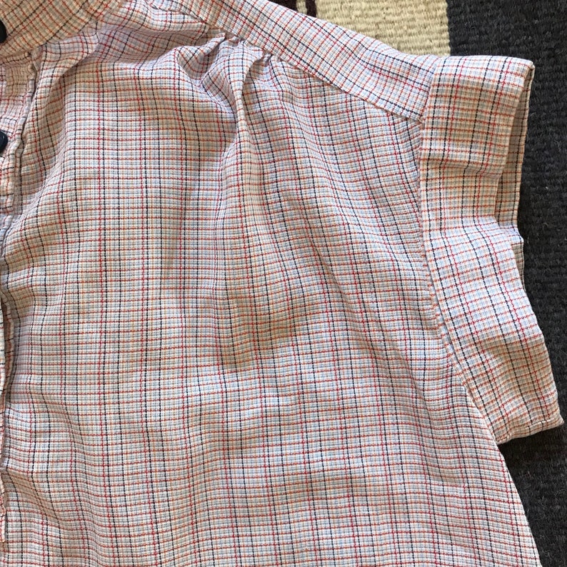 Vintage 50s PLAID SHIRT Women L XL Large Sleeveless Blouse White Blue Red Top Pin Up Rockabilly 1950s Semi Sheer Woven Fabric Button Front