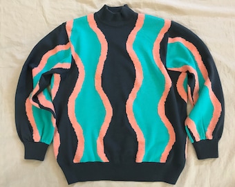 Vintage ST JOHN SWEATER Designer Marie Gray S M Small Medium 80s Turquoise Blue Green Gray Coral Pink Abstract Artsy Print Zip Shoulder
