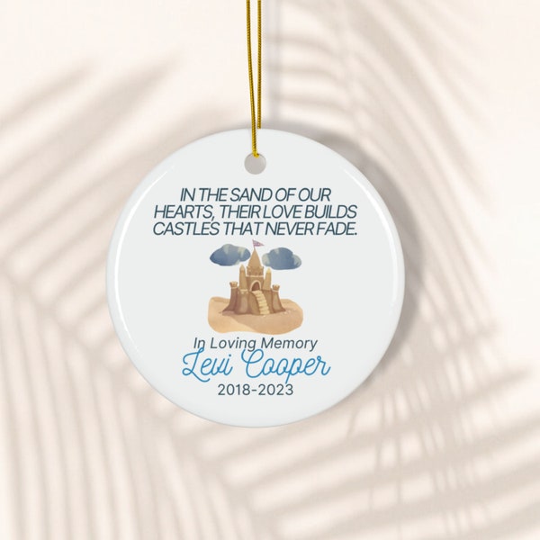 Personalized Memorial Keepsake Tchotchke Memorabilia Snow Cones, Seagulls, Hammock, & Sand Castles on our Ceramic Ornament Holiday