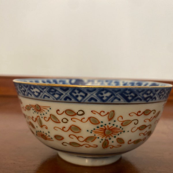 Antique Early Chinese Export Blue White Rice Grain Porcelain Bowl