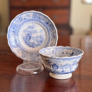 Thomas Mayer Canova Staffordshire Blue Transferware Tea Bowl and Saucer c 1825+