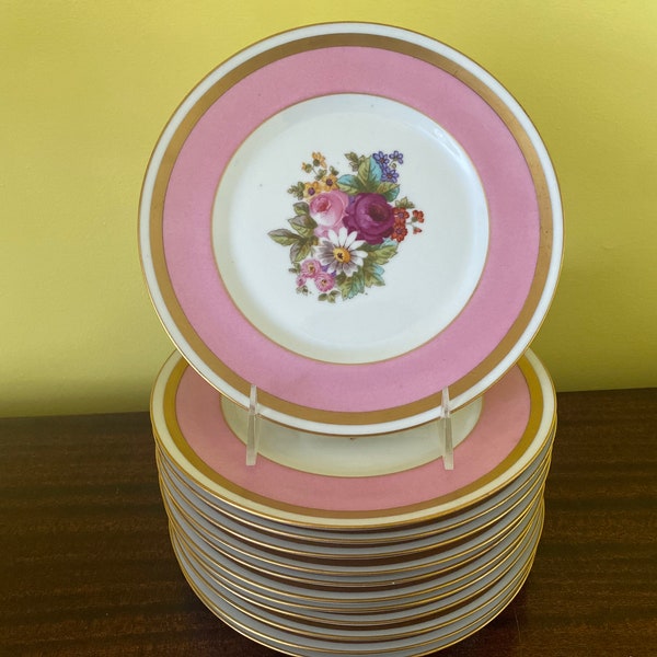 Antiker Pouyat Limoges Rose Pompadour Rosa Blumen Lunchteller 12er Set