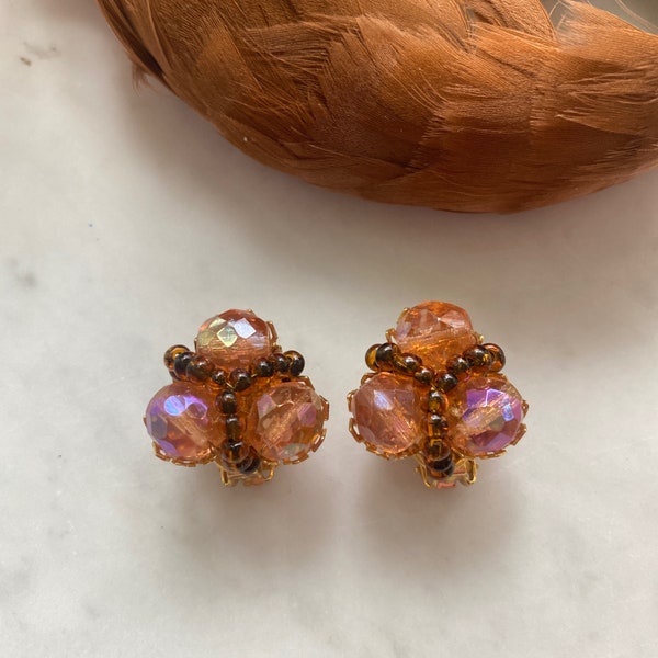 Vintage Hobe Signed Amber Aurora Borealis Cluster Earrings