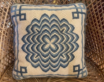 Vintage Greek Key Blue and Cream Needlepoint Pillow