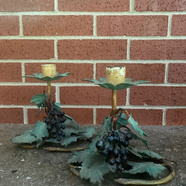 Vintage Italian Tole Grape Candlestick Holders a Pair