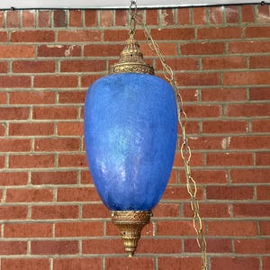 Midcentury Royal Blue Crackle Glass Pendant Line with Chain