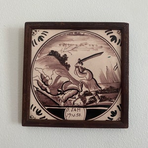 18th Century Delft Manganese Biblical David and Philistine Tile Framed