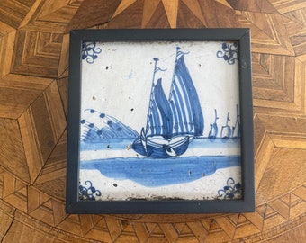 18th Century Delft Blue and White Boats Tile Framed