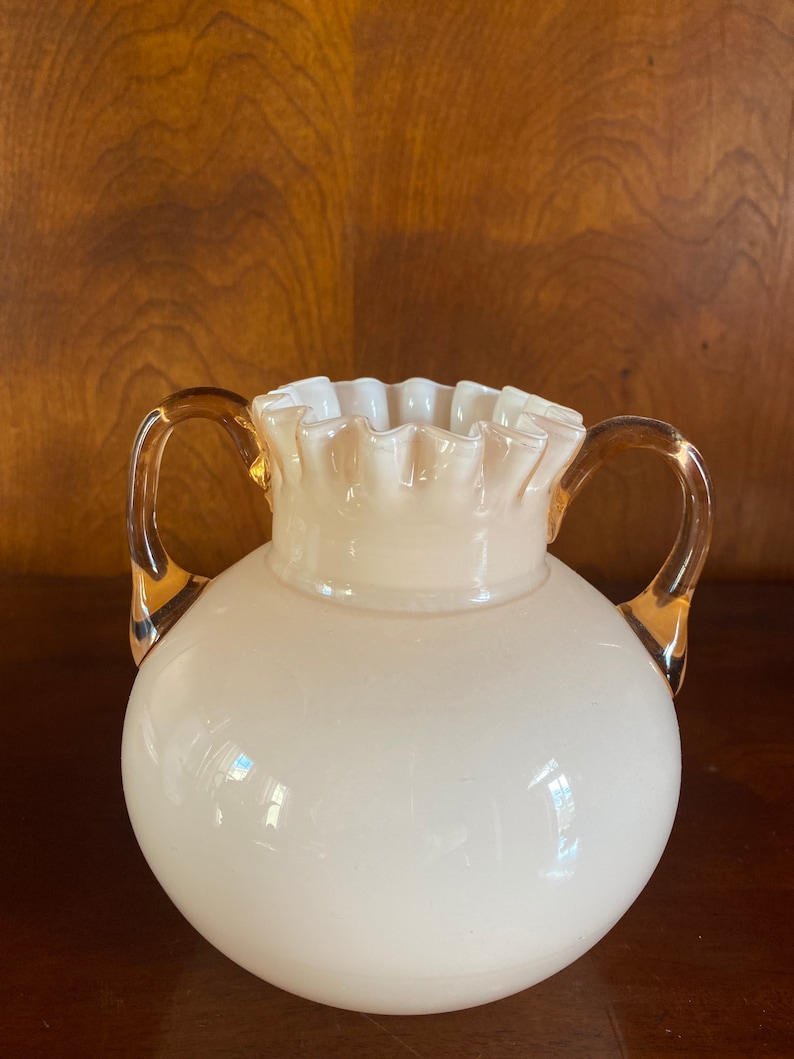 Vintage Czech Pink Opalescent Cased Glass Double Handle Vase