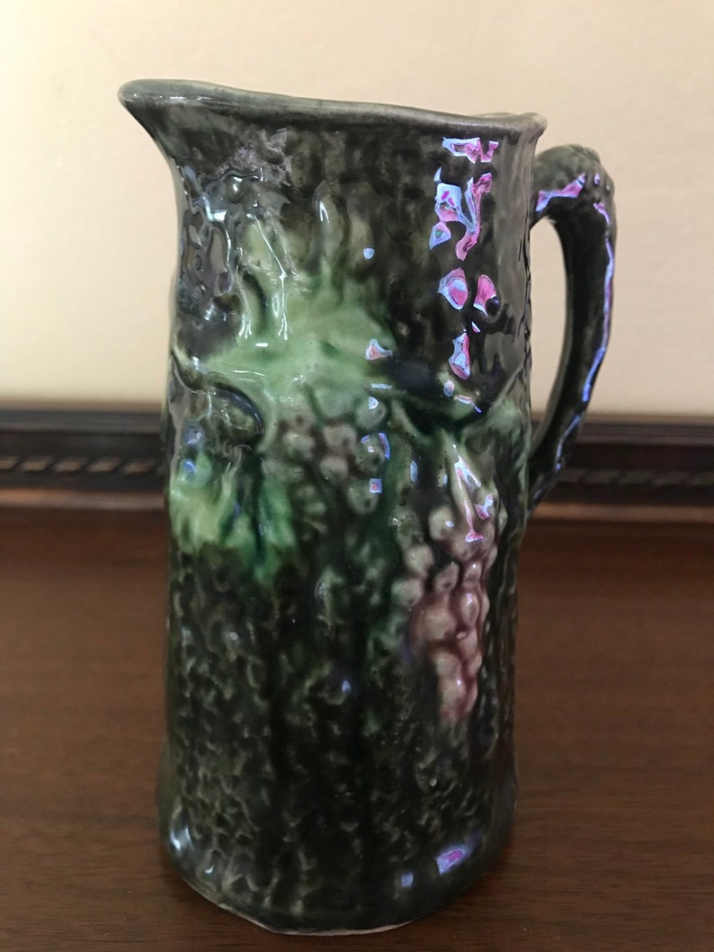 Antique English Majolica Grapes Syrup Pitcher Jug c 19th