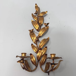 Italian Gilded Tole Leaf Berry Candlestick Holder Wall Mount