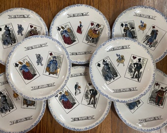 HBCM French Blue Playing Card Transferware 8 Plate Set