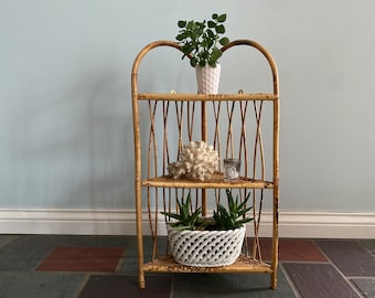 Vintage Scorched Bamboo Rattan Wall Mounted Corner Shelf
