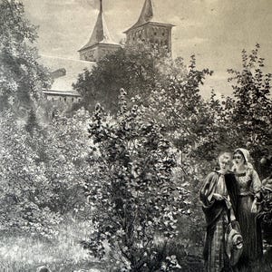 May include: Black and white etching of a historical scene. Two women stand in a garden, while a man lies on the ground. A church with two spired towers is in the background, surrounded by trees and foliage.