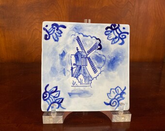 Vintage Delft Style Blue and White Windmill Floral Tile