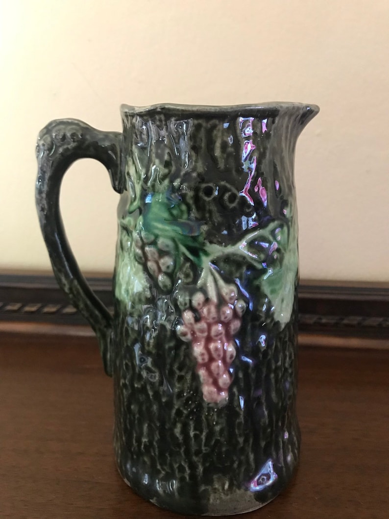 Antique English Majolica Grapes Syrup Pitcher Jug c 19th