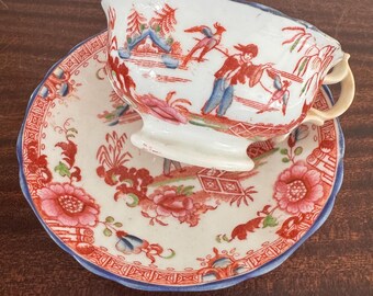 Può includere: Un set di tazza e piattino in porcellana bianca con un dettagliato motivo transferware in rosso, blu e verde. Il design raffigura figure, uccelli e motivi floreali con un bordo blu smerlato. La tazza presenta un manico curvo e una base.