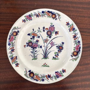 Puede incluir: Un plato de cerámica blanco con un diseño floral azul, rojo y verde. El plato tiene un borde elevado y un borde festoneado.