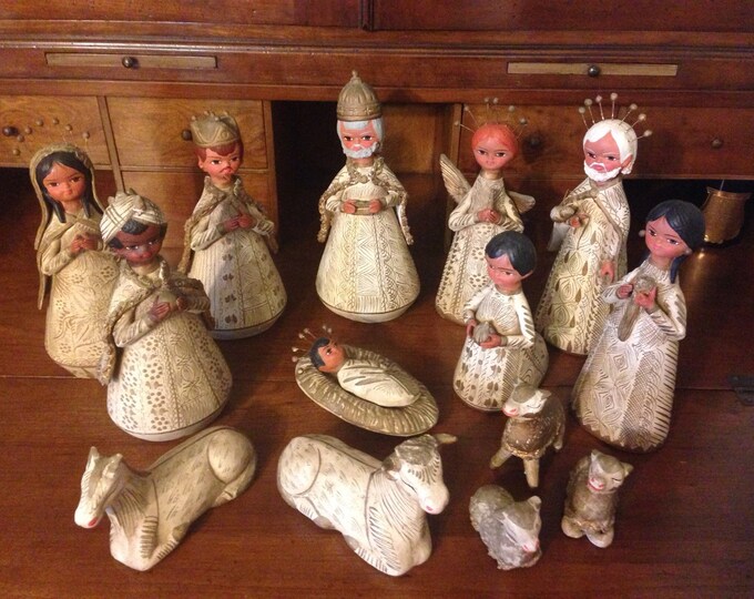 Vintage Folk Art Nativity Set 15 Pieces Large Scale Etsy