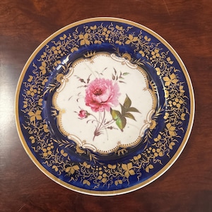 Early 19th Century Cobalt Blue Pink Peony Porcelain Cabinet Plate