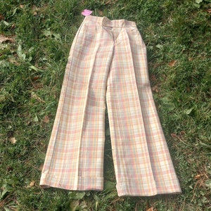 Vintage deadstock Wrangler plaid cuffed high rise bell bottom jean pants permanent press made in USA 1970s disco women 27 x 34