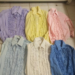 Pode incluir: Seis camisas com babados em várias cores pastel, incluindo lavanda, amarelo, rosa, azul claro, branco e azul. As camisas têm um design clássico de botões com uma frente com babados.