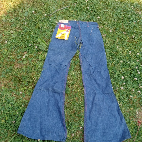 Landlubber tief ausgeschnittene große Schlagböden Frauen Baumwolle starre Denim hergestellt USA hiphugger Vintage Deadstock Jeanshose