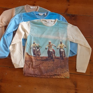 Vanderbilt Deadstock vintage 1970 motorcycles picture scene print t shirt polyester new nos top athletic long sleeve USA pick 1 jean pant