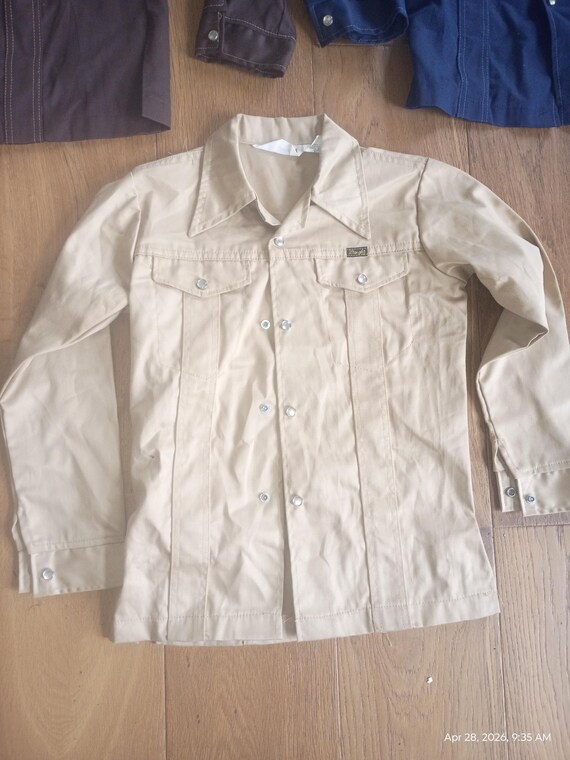 Deadstock wrangler vintage 1970 permanent press jean jacket 2 pocket Western Pearl snap mad USA coat men's or boy pick 1 for 125 nos new old View 2