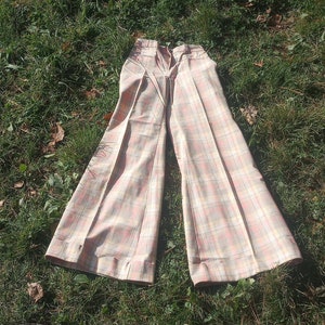 Vintage deadstock landlubber plaid cuffed high rise bell bottom jean pants permanent press made in USA 1970s disco women 25x34 26x34 27 x 34