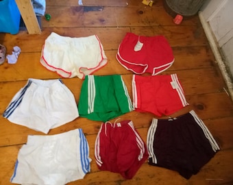 Bañador corto deportivo vintage de algodón y poliéster con rayas y forro para gimnasio, de EE. UU., años 80, para hombre, talla pequeña, mediana, grande o XL, elige 1