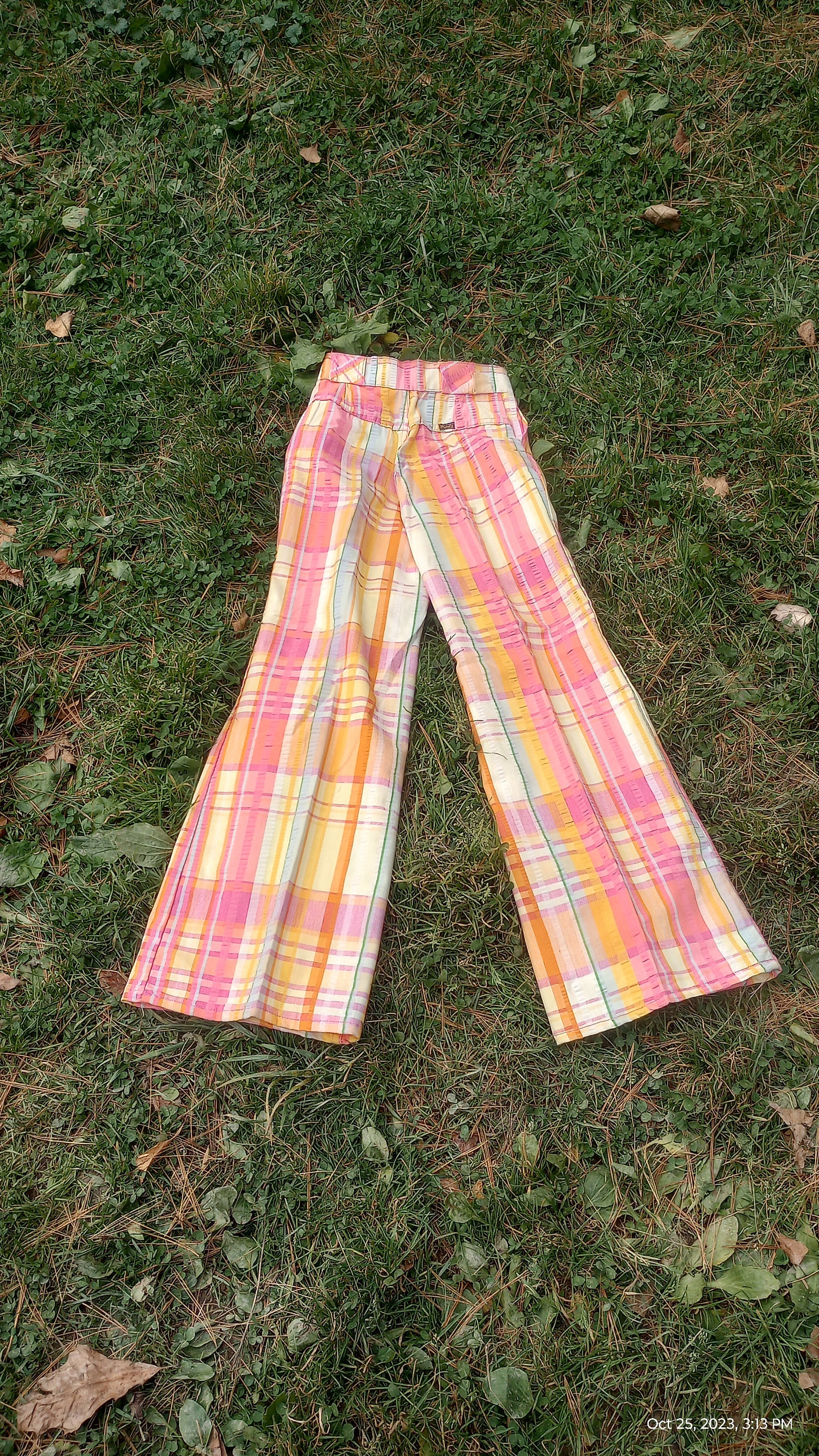 Vintage Deadstock Wrangler Plaid Madras High Rise Bell Bottom Jean