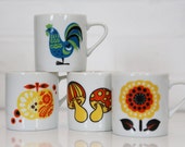 Set of four colourful mod mugs - mushroom rooster flower and apple design